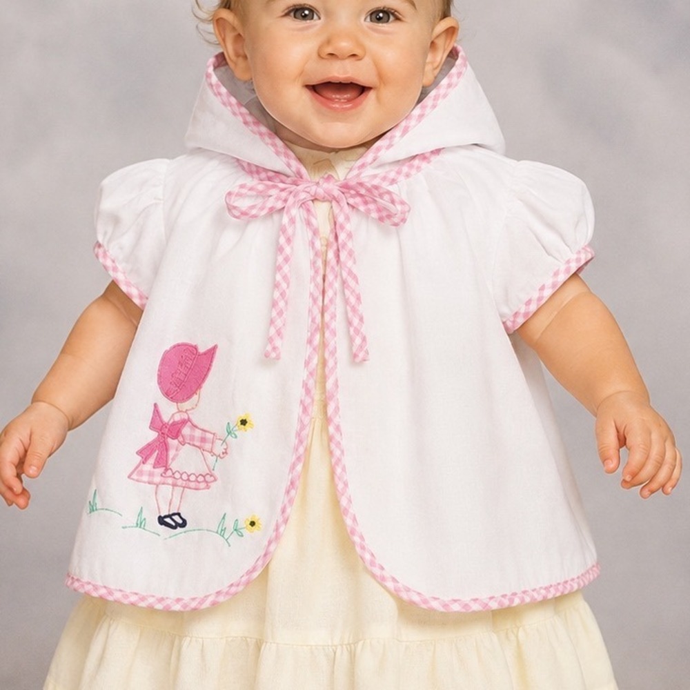 Vintage Baby Girl Jacket Cover Up Pink Gingham Emboardiary Flower White A9